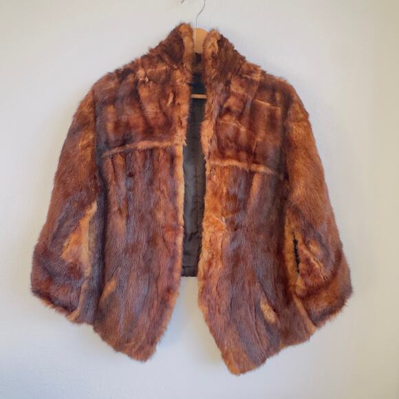Brown Vintage Fur Stole Vest Shawl Wrap Glam Lined Swingy Pockets 50s or 60s M - Picture 1 of 6